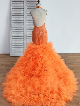 halter neck backless orange ruffled tulle long train prom gown halter neck backless orange ruffled tulle long train prom gown