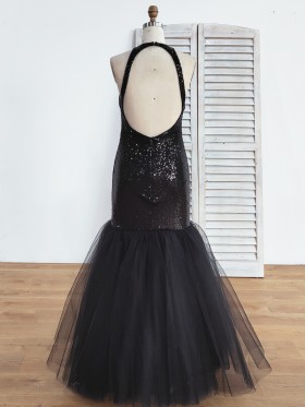 black sequin open back trumpet tulle prom dress black sequin open back trumpet tulle prom dress