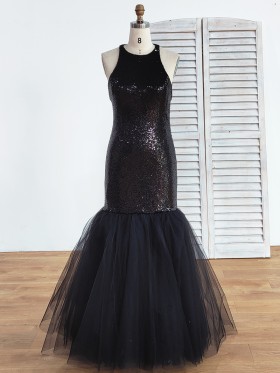 halter neck black sequin and tulle trumpet long dress