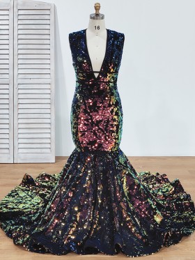 sparkly multi color galaxy map sequin mermaid long prom dress