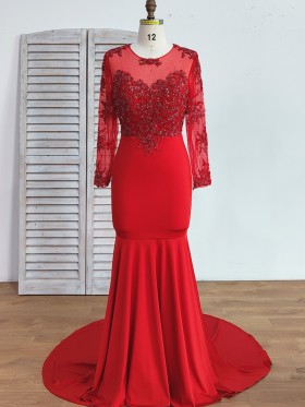 illusion lace appliqued long sleeve mermaid red prom dress