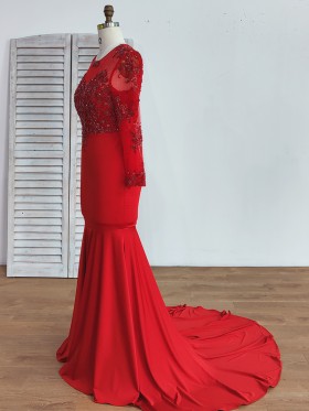 red lace and spandex mermaid long sleeve prom dress