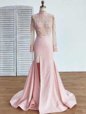 beaded illusion pearl pink lace and glitter mermaid prom dress