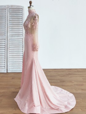 illusion lace long sleeve and glitter overlaid satin prom dress