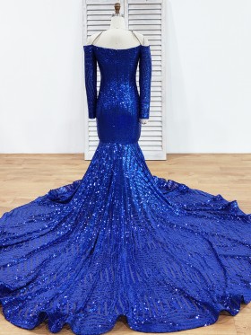 royal blue sequin long train mermaid prom dress
