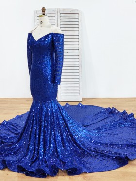 royal blue sequin off the shoulder long sleeve prom dress with long train