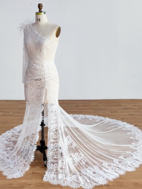 sexy white lace slit skirt long train dress