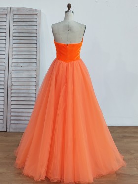 orange velvet and tulle long prom gown