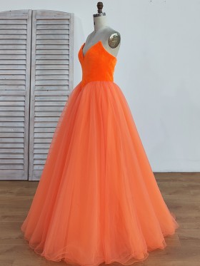 strapless V neck orange velvet and tulle ball gown