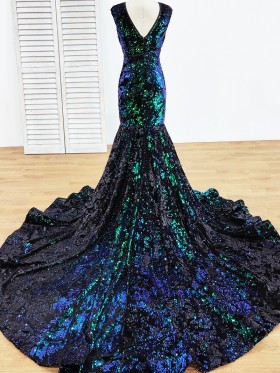 green and blue mixed with black sequin long train prom dress