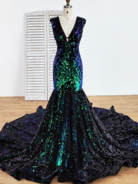 iridescent green and blue with black sequin mermaid long train prom dress
