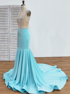 beaded sheer top mermaid tiffany blue prom dress