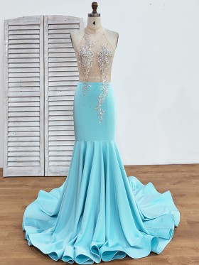 beaded sheer top tiffany blue mermaid long prom dress