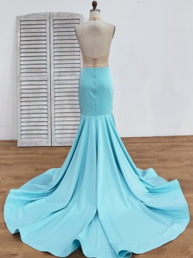 open back tiffany blue long train mermaid prom dress