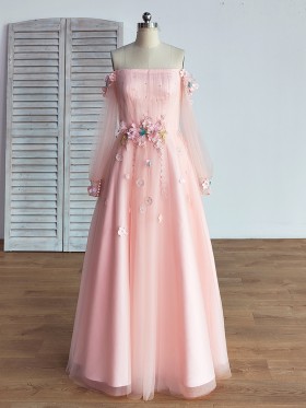 3D floral off the shoulder pink tulle princess dress