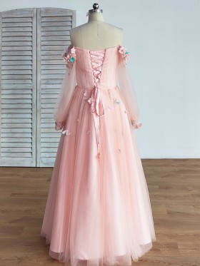 3d flowers adorned lace up back pink long sleeve princesss gown