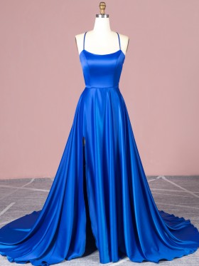 simple A line long royal blue satin prom dress