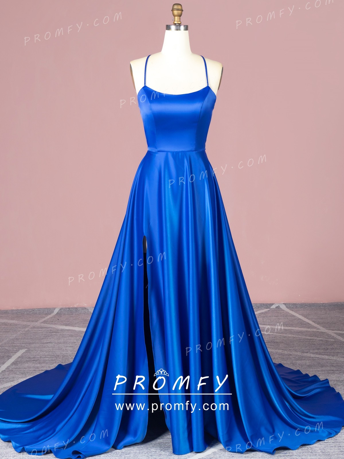 Affordable Chinese style Royal Blue Satin Evening Dresses 2019 A-Line /  Princess High Neck Cap Sleeves