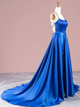 thigh high slit royal blue satin prom dress thigh high slit royal blue satin prom dress