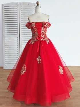gold sequin lace embellished red tulle ball gown