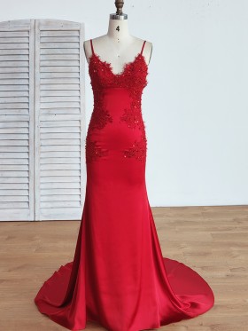 beaded lace appliqued red satin mermaid formal dress