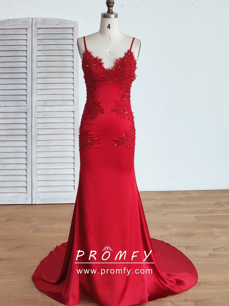 Promfy Beaded Lace Appliqued Red Satin Mermaid Formal Dress