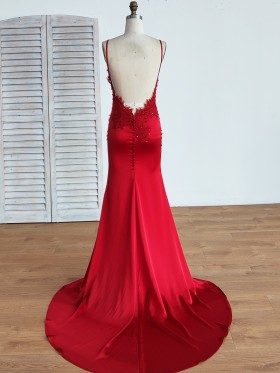 low back spaghetti straps red satin and lace long prom dress low back spaghetti straps red satin and lace long prom dress