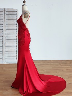 red satin with beaded lace appliques mermaid prom dress