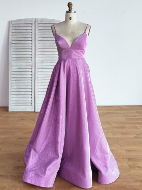 shimmering lilac glitter puffy A line long prom dress