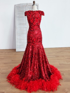 cap sleeve closed back red sequin with feather prom dress