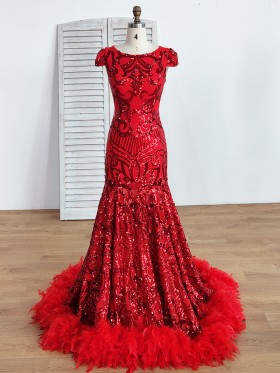 red sequin mermaid long prom dress with feather train