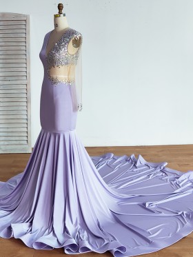 multi color rhinestone beaded mermaid long train prom dress