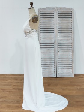 asymmetrical beaded ivory short train dress