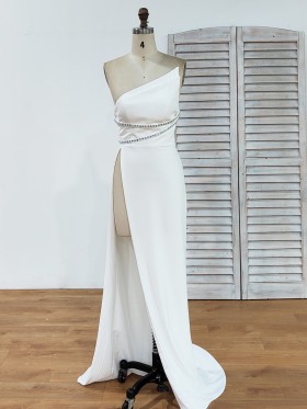 strapless asymmetrical neck beaded high slit dress