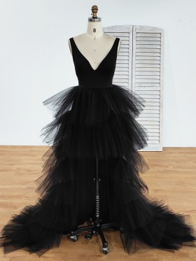 high fashion ruffled black tulle high low prom dress