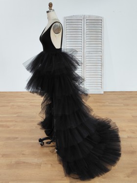ruffled black tulle high low prom dress with train ruffled black tulle high low prom dress with train