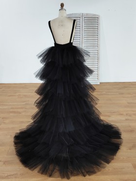 ruffled black tulle low back prom dress with long train