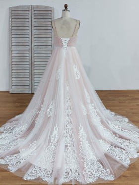 light pink tulle with lace appliqued ball gown