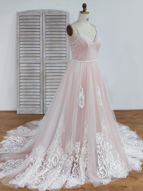 pearled light pink tulle ball gown
