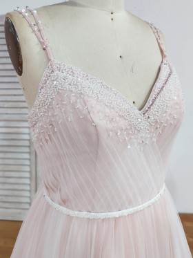 pearls beaded double neckline with spaghetti straps