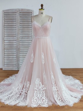 pearls beaded light pink tulle with lace ball gown
