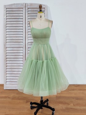 cute ruched sage green tulle short party dress