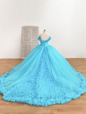 3D flowers long train off the shoulder blue ball gown 3D flowers long train off the shoulder blue ball gown