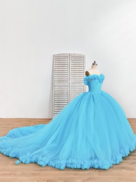 pool blue tulle ball gown with 3D flowers long train