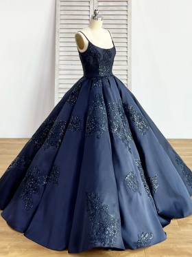 dark navy satin with lace applique scoop neckline ball gown
