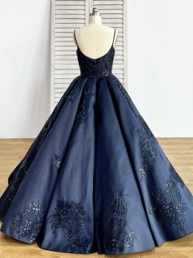 floor length dark navy satin with lace ball gown prom dress