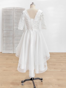 white lace and tulle lace up back high low dress