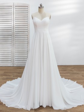 sweetheart V neck long train chiffon wedding dress