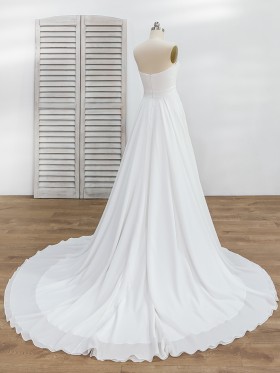 white chiffon long train A line wedding dress