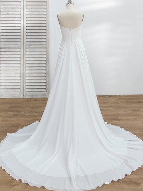 white chiffon long train wedding dress